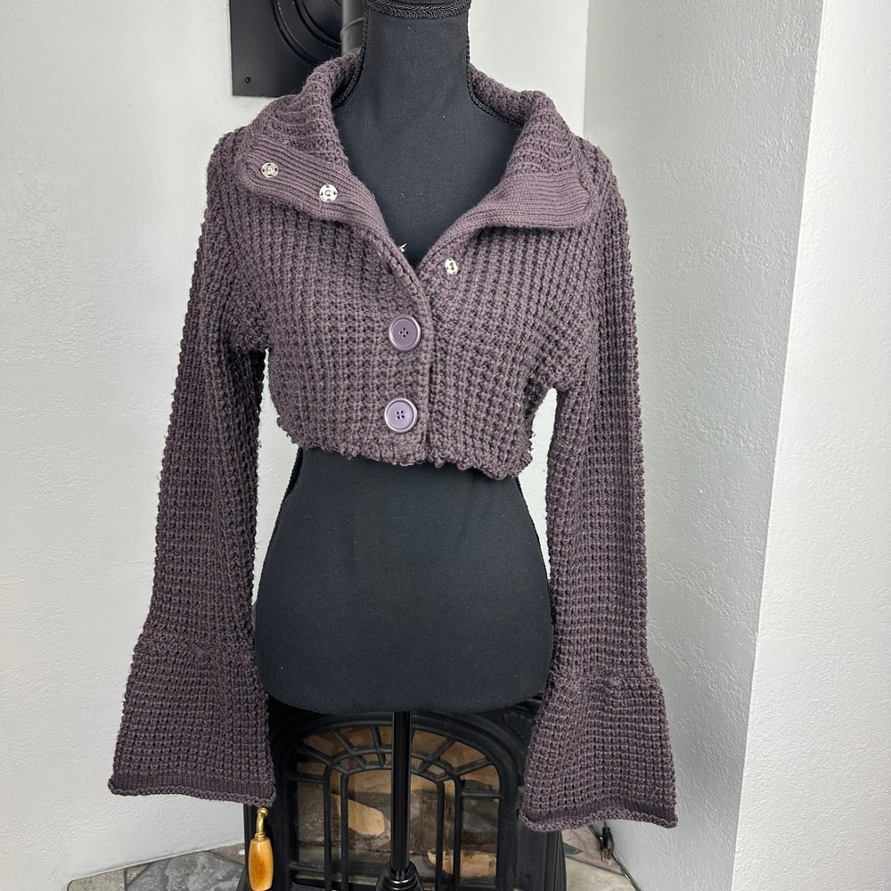It's Our Time Brown Waffle Knit Cropped Cardigan Bell Sleeve Y2K Grunge Shrug M